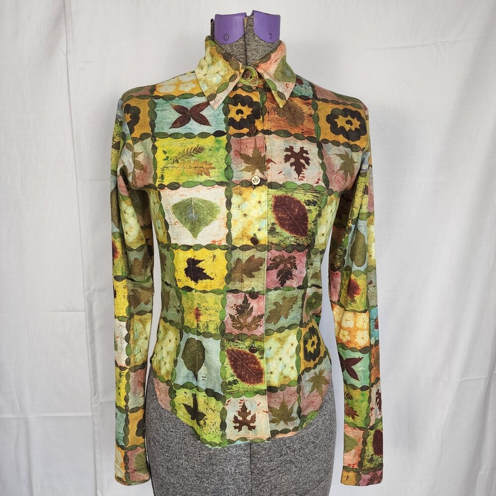 TODD OLDHAM Times Seven Y2K 90s Long Sleeve Button Shirt Pressed Flowers Size S